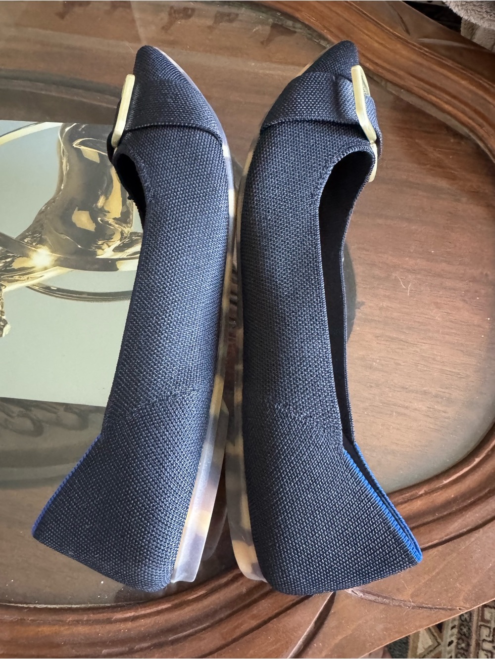 Rothy's Black Pointed-Toe Flats with Brass Buckle and Blue Trim - Picture 5 of 8